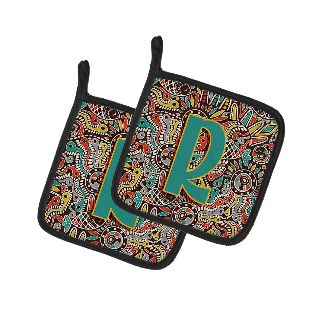 Letter R Retro Tribal Alphabet Initial Pot Holder Set of 2 Heat Resistant Quilted Hot Pads 7.5 x 7.5 Inch, Insulated Kitchen Trivets for Cooking & Baking