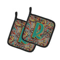 Letter R Retro Tribal Alphabet Initial Pot Holder Set of 2 Heat Resistant Quilted Hot Pads 7.5 x 7.5 Inch, Insulated Kitchen Trivets for Cooking & Baking