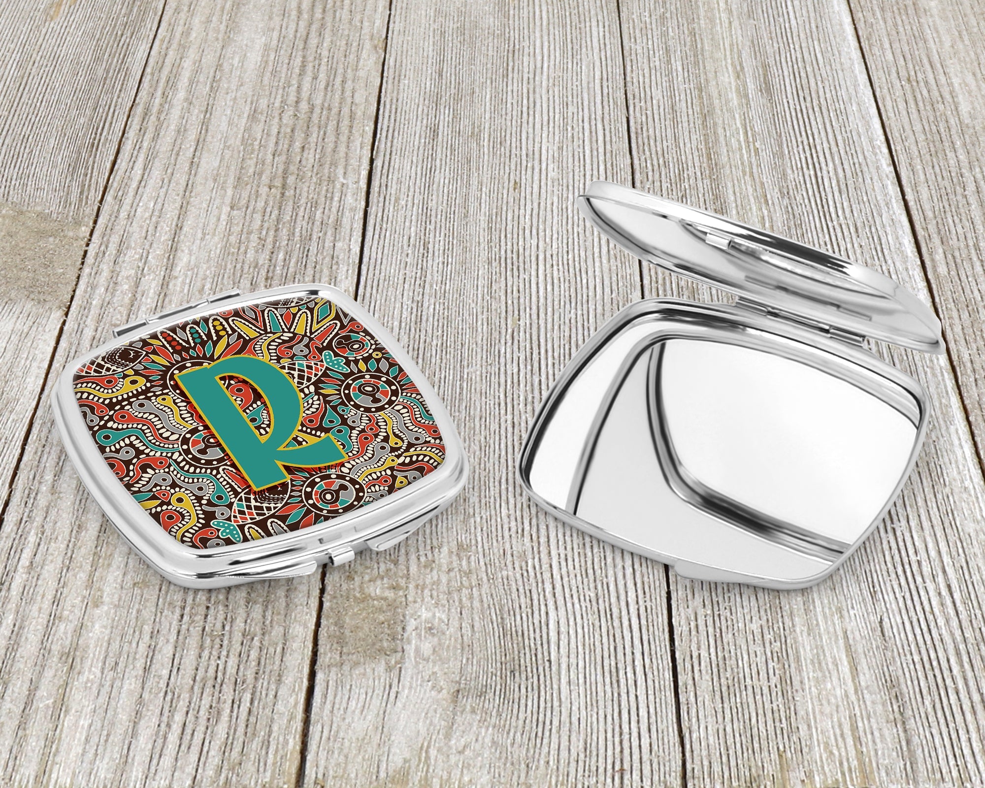 Letter R Retro Tribal Alphabet Initial Compact Mirror Decorative Travel Makeup Mirror for Women Girls Gifts Pocket Makeup Mirror Folding Handheld