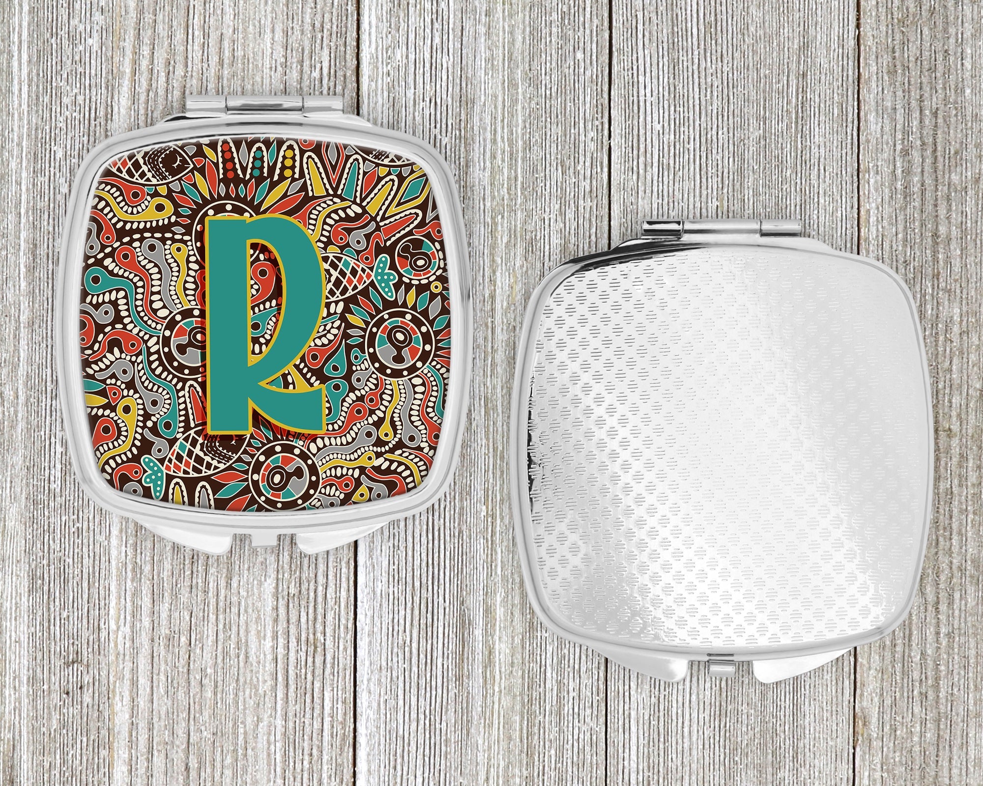 Letter R Retro Tribal Alphabet Initial Compact Mirror Decorative Travel Makeup Mirror for Women Girls Gifts Pocket Makeup Mirror Folding Handheld