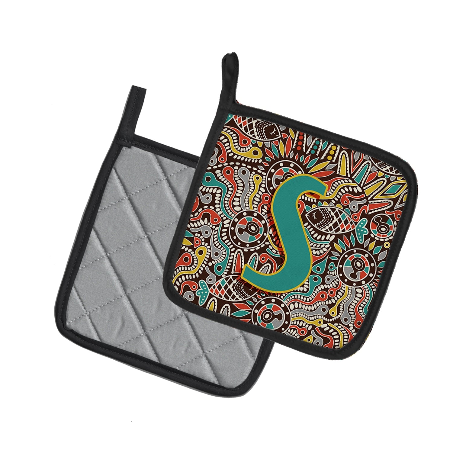 Letter S Retro Tribal Alphabet Initial Pot Holder Set of 2 Heat Resistant Quilted Hot Pads 7.5 x 7.5 Inch, Insulated Kitchen Trivets for Cooking & Baking