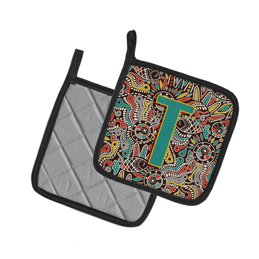 Letter T Retro Tribal Alphabet Initial Pot Holder Set of 2 Heat Resistant Quilted Hot Pads 7.5 x 7.5 Inch, Insulated Kitchen Trivets for Cooking & Baking
