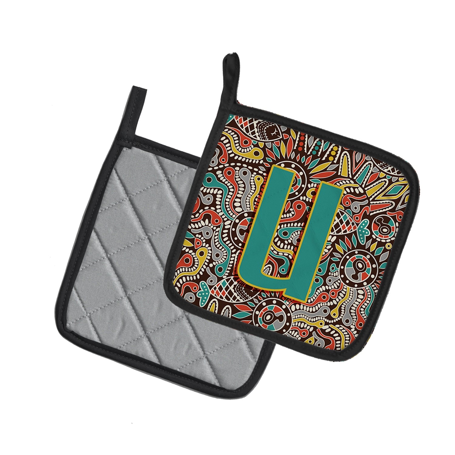 Letter U Retro Tribal Alphabet Initial Pot Holder Set of 2 Heat Resistant Quilted Hot Pads 7.5 x 7.5 Inch, Insulated Kitchen Trivets for Cooking & Baking