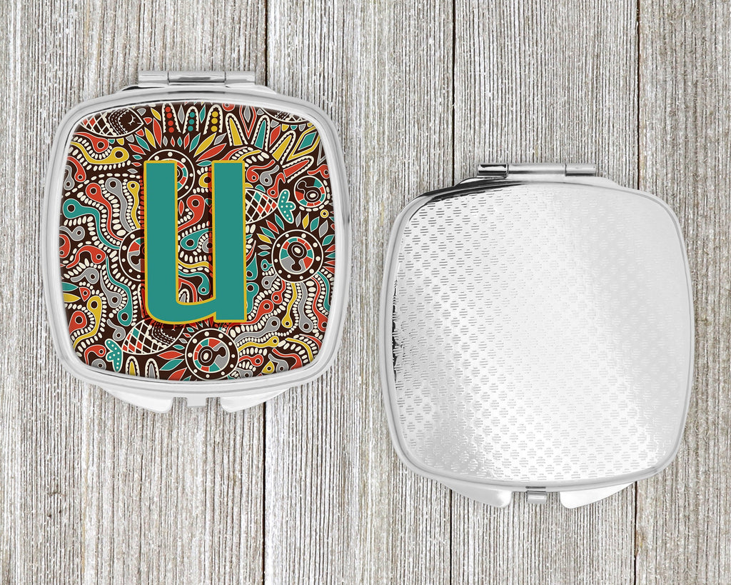 Letter U Retro Tribal Alphabet Initial Compact Mirror Decorative Travel Makeup Mirror for Women Girls Gifts Pocket Makeup Mirror Folding Handheld