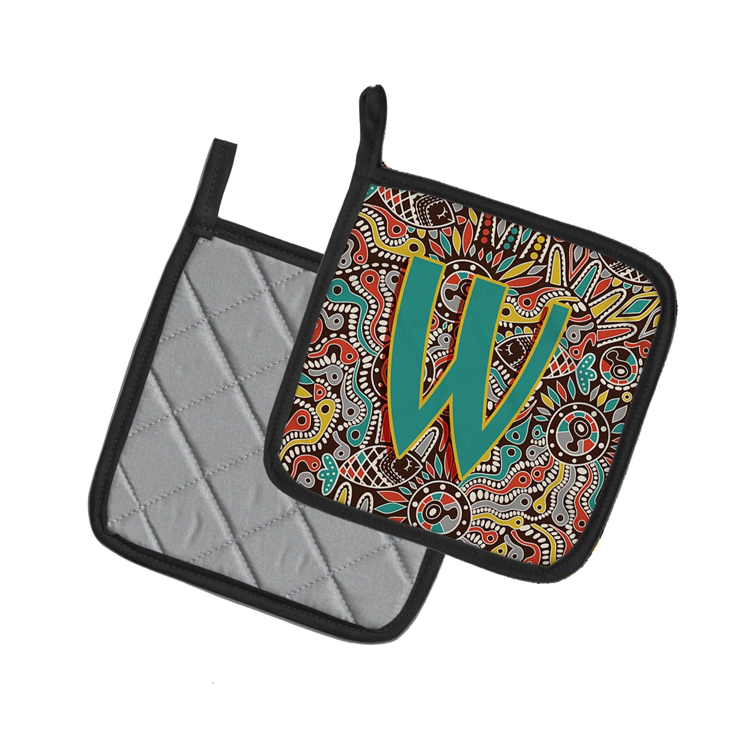 Letter W Retro Tribal Alphabet Initial Pot Holder Set of 2 Heat Resistant Quilted Hot Pads 7.5 x 7.5 Inch, Insulated Kitchen Trivets for Cooking & Baking