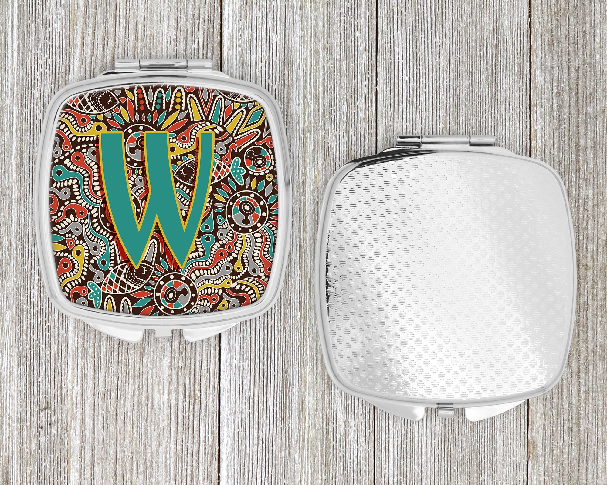 Letter W Retro Tribal Alphabet Initial Compact Mirror Decorative Travel Makeup Mirror for Women Girls Gifts Pocket Makeup Mirror Folding Handheld