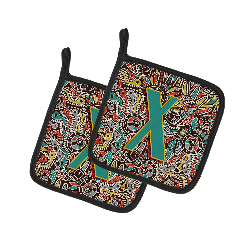 Letter X Retro Tribal Alphabet Initial Pot Holder Set of 2 Heat Resistant Quilted Hot Pads 7.5 x 7.5 Inch, Insulated Kitchen Trivets for Cooking & Baking