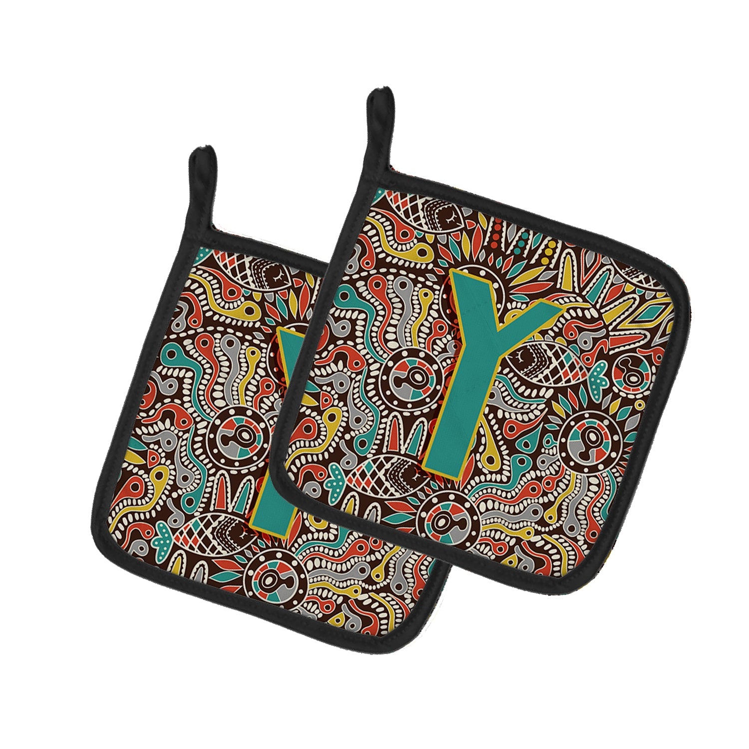Letter Y Retro Tribal Alphabet Initial Pot Holder Set of 2 Heat Resistant Quilted Hot Pads 7.5 x 7.5 Inch, Insulated Kitchen Trivets for Cooking & Baking