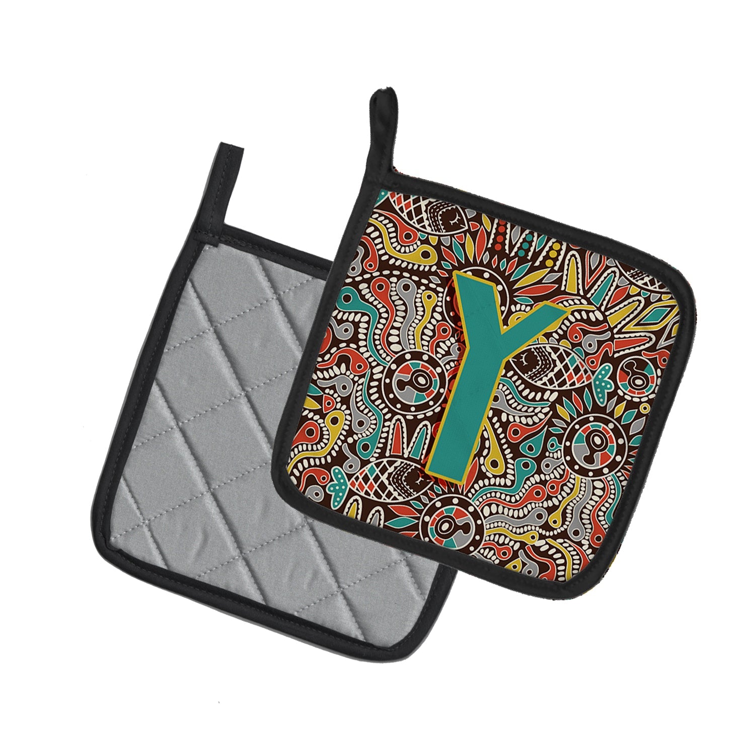 Letter Y Retro Tribal Alphabet Initial Pot Holder Set of 2 Heat Resistant Quilted Hot Pads 7.5 x 7.5 Inch, Insulated Kitchen Trivets for Cooking & Baking
