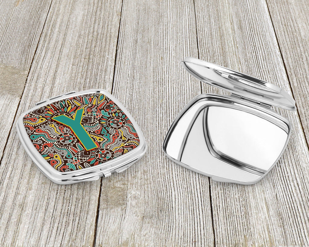 Letter Y Retro Tribal Alphabet Initial Compact Mirror Decorative Travel Makeup Mirror for Women Girls Gifts Pocket Makeup Mirror Folding Handheld