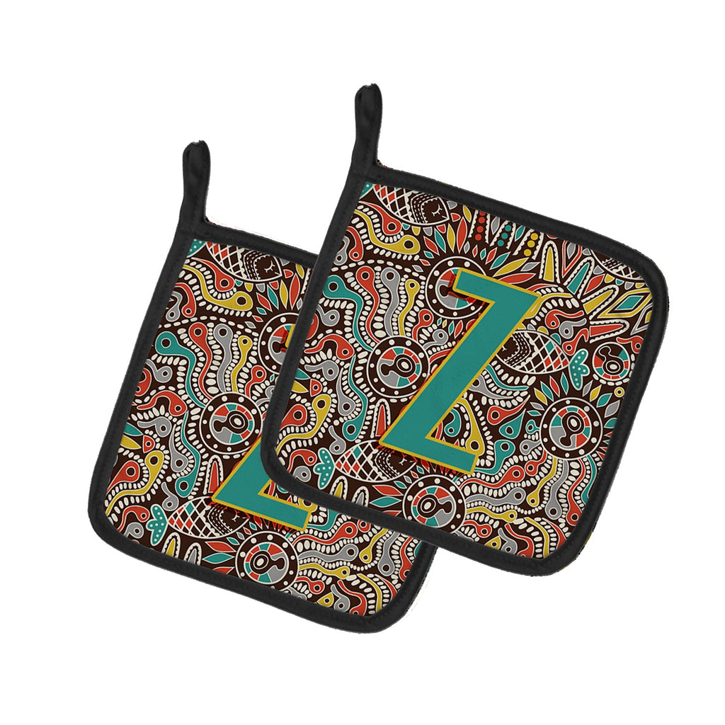 Letter Z Retro Tribal Alphabet Initial Pot Holder Set of 2 Heat Resistant Quilted Hot Pads 7.5 x 7.5 Inch, Insulated Kitchen Trivets for Cooking & Baking