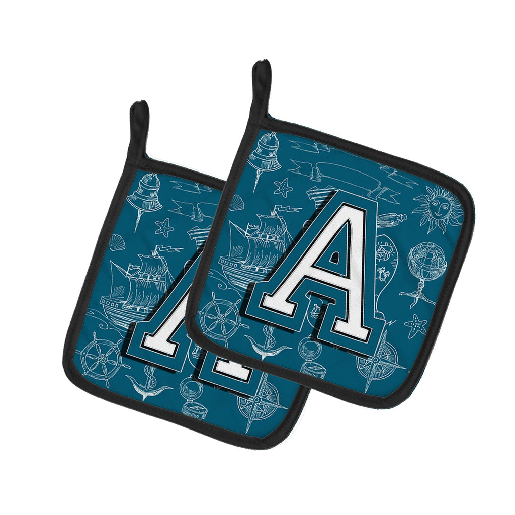 Letter A Sea Doodles Initial Alphabet Pot Holder Set of 2 Heat Resistant Quilted Hot Pads 7.5 x 7.5 Inch, Insulated Kitchen Trivets for Cooking & Baking