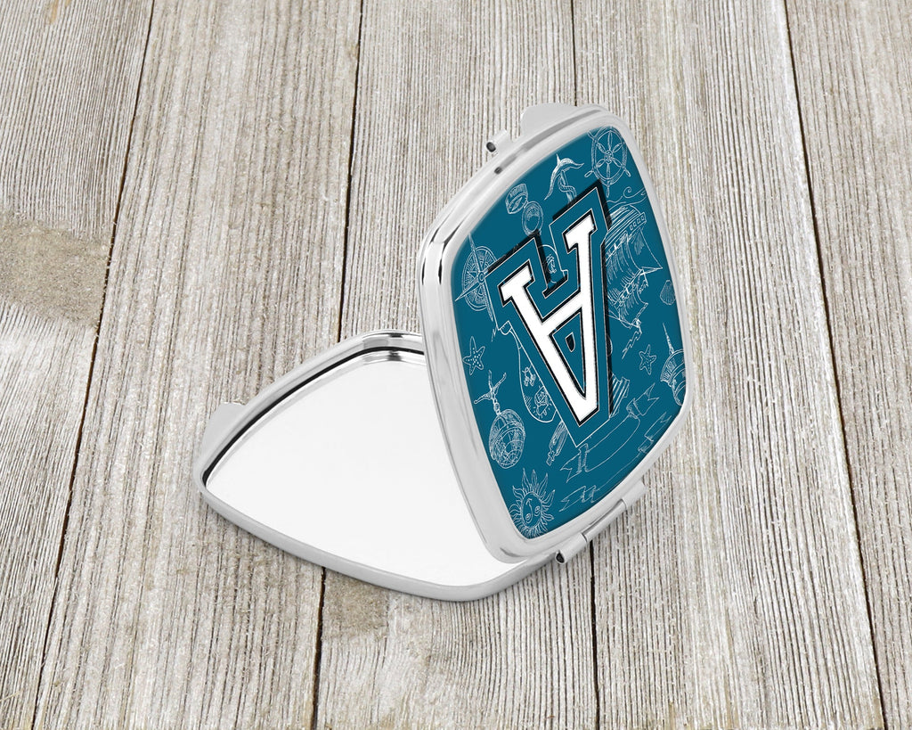 Letter A Sea Doodles Initial Alphabet Compact Mirror Decorative Travel Makeup Mirror for Women Girls Gifts Pocket Makeup Mirror Folding Handheld