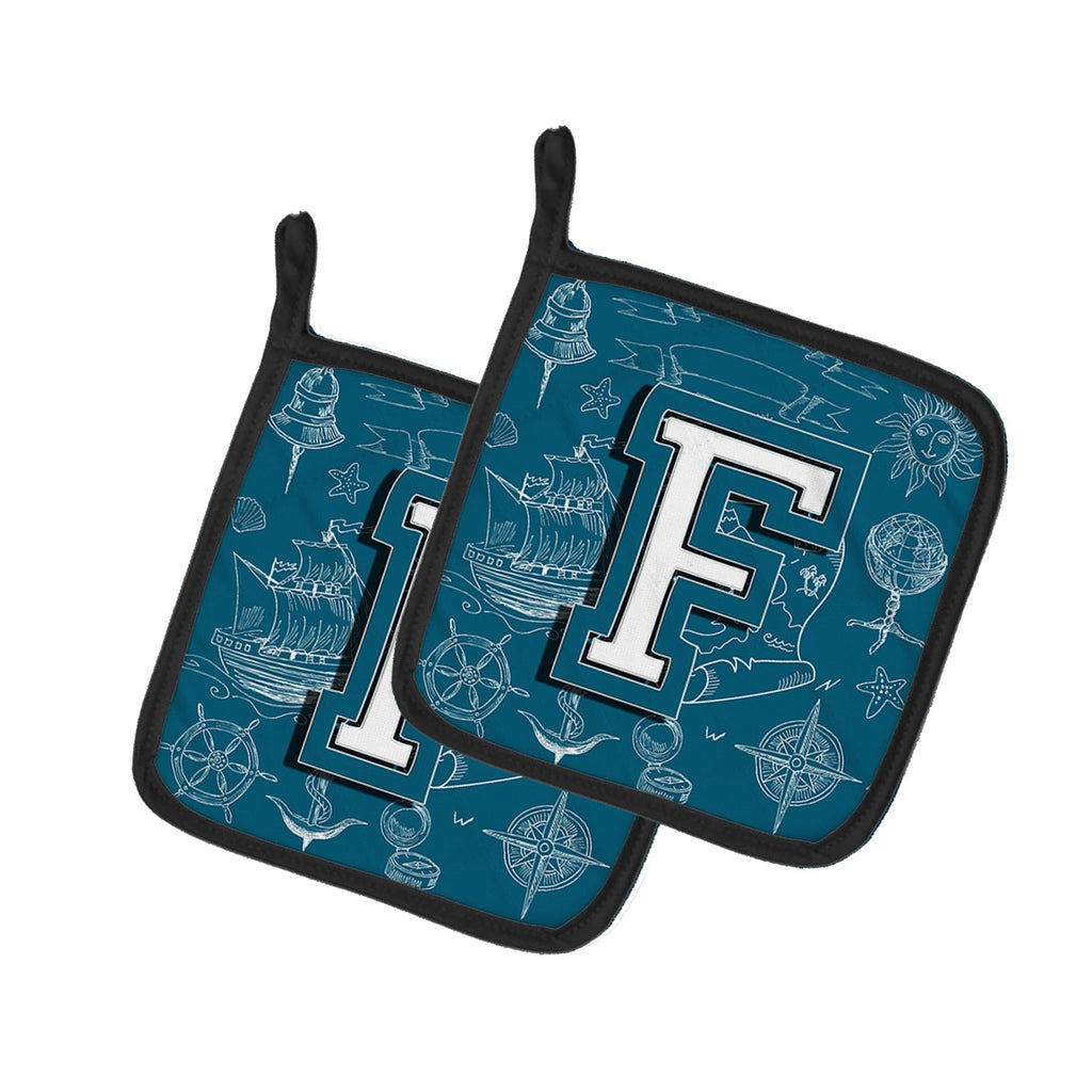 Letter F Sea Doodles Initial Alphabet Pot Holder Set of 2 Heat Resistant Quilted Hot Pads 7.5 x 7.5 Inch, Insulated Kitchen Trivets for Cooking & Baking