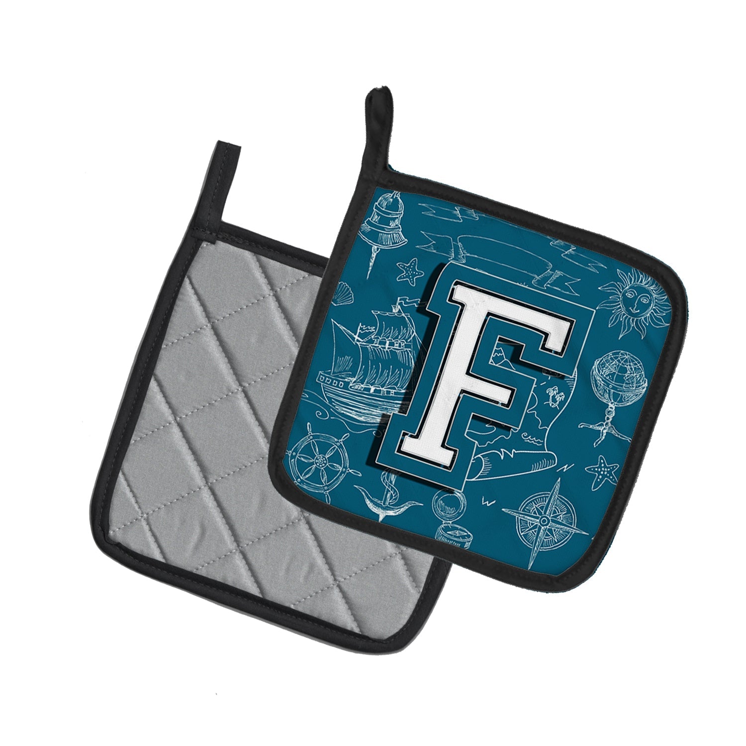 Letter F Sea Doodles Initial Alphabet Pot Holder Set of 2 Heat Resistant Quilted Hot Pads 7.5 x 7.5 Inch, Insulated Kitchen Trivets for Cooking & Baking
