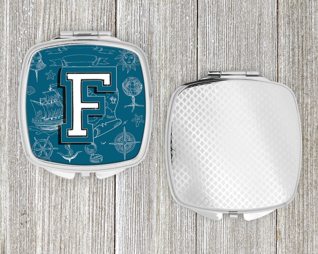 Letter F Sea Doodles Initial Alphabet Compact Mirror Decorative Travel Makeup Mirror for Women Girls Gifts Pocket Makeup Mirror Folding Handheld