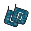 Letter G Sea Doodles Initial Alphabet Pot Holder Set of 2 Heat Resistant Quilted Hot Pads 7.5 x 7.5 Inch, Insulated Kitchen Trivets for Cooking & Baking
