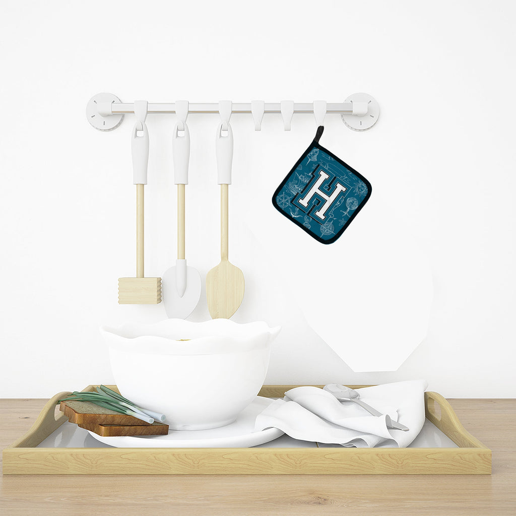 Letter H Sea Doodles Initial Alphabet Pot Holder Set of 2 Heat Resistant Quilted Hot Pads 7.5 x 7.5 Inch, Insulated Kitchen Trivets for Cooking & Baking