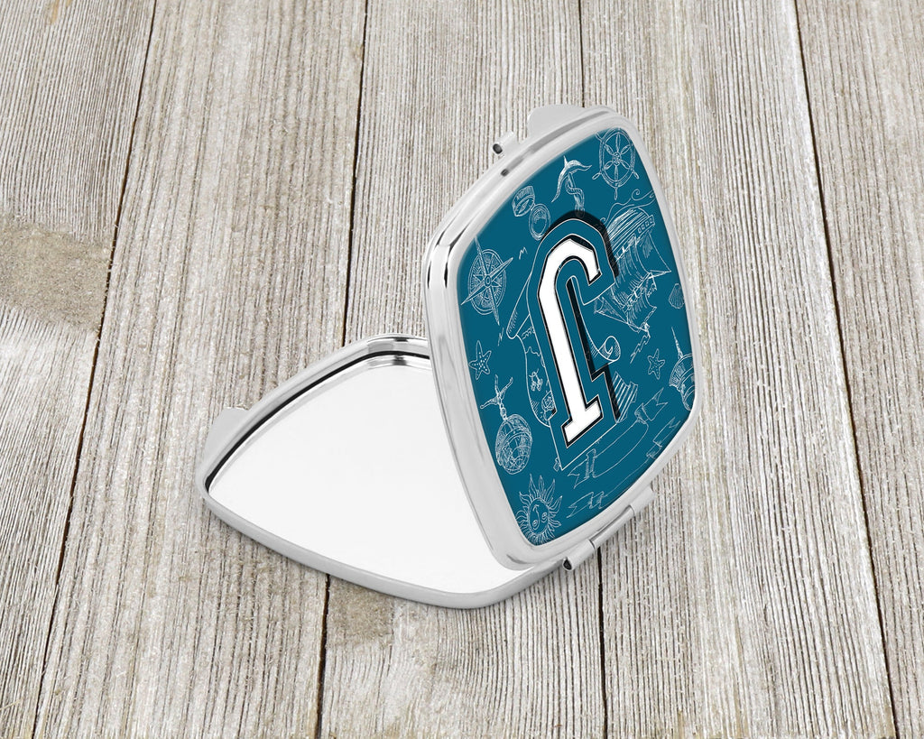Letter J Sea Doodles Initial Alphabet Compact Mirror Decorative Travel Makeup Mirror for Women Girls Gifts Pocket Makeup Mirror Folding Handheld