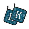 Letter K Sea Doodles Initial Alphabet Pot Holder Set of 2 Heat Resistant Quilted Hot Pads 7.5 x 7.5 Inch, Insulated Kitchen Trivets for Cooking & Baking