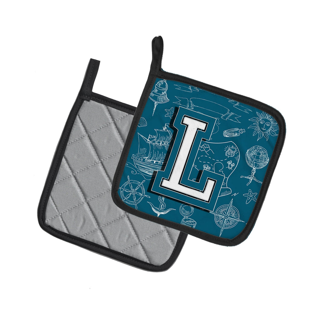 Letter L Sea Doodles Initial Alphabet Pot Holder Set of 2 Heat Resistant Quilted Hot Pads 7.5 x 7.5 Inch, Insulated Kitchen Trivets for Cooking & Baking