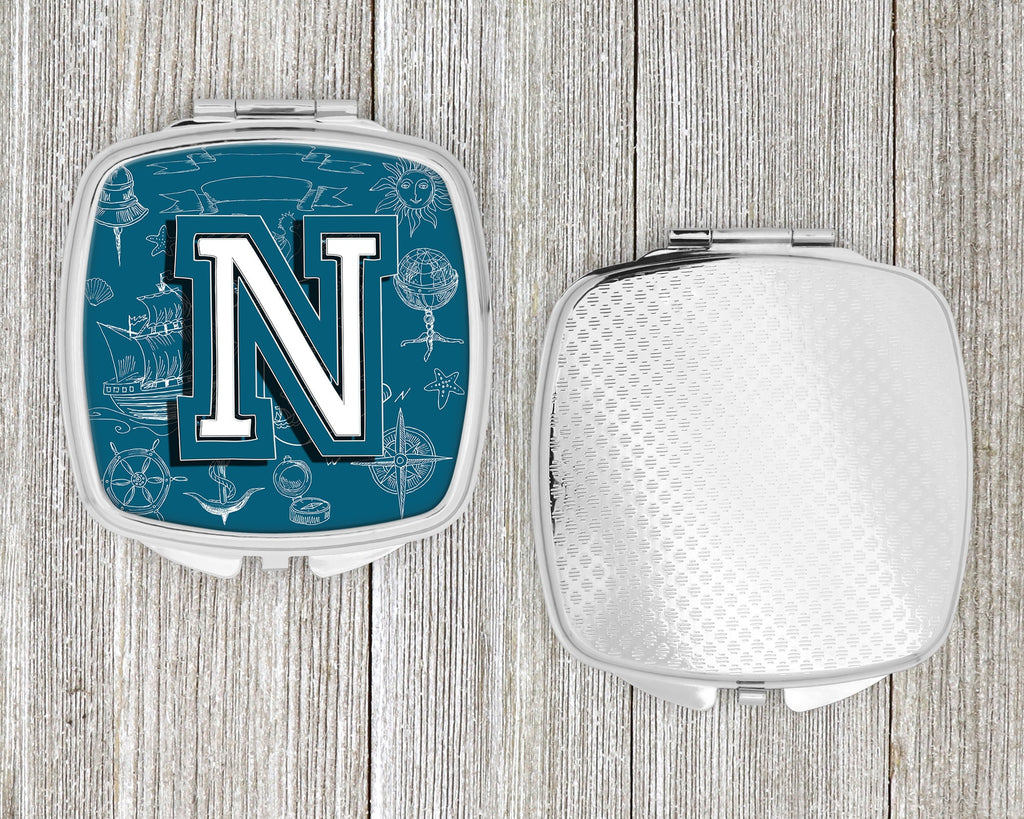 Letter N Sea Doodles Initial Alphabet Compact Mirror Decorative Travel Makeup Mirror for Women Girls Gifts Pocket Makeup Mirror Folding Handheld