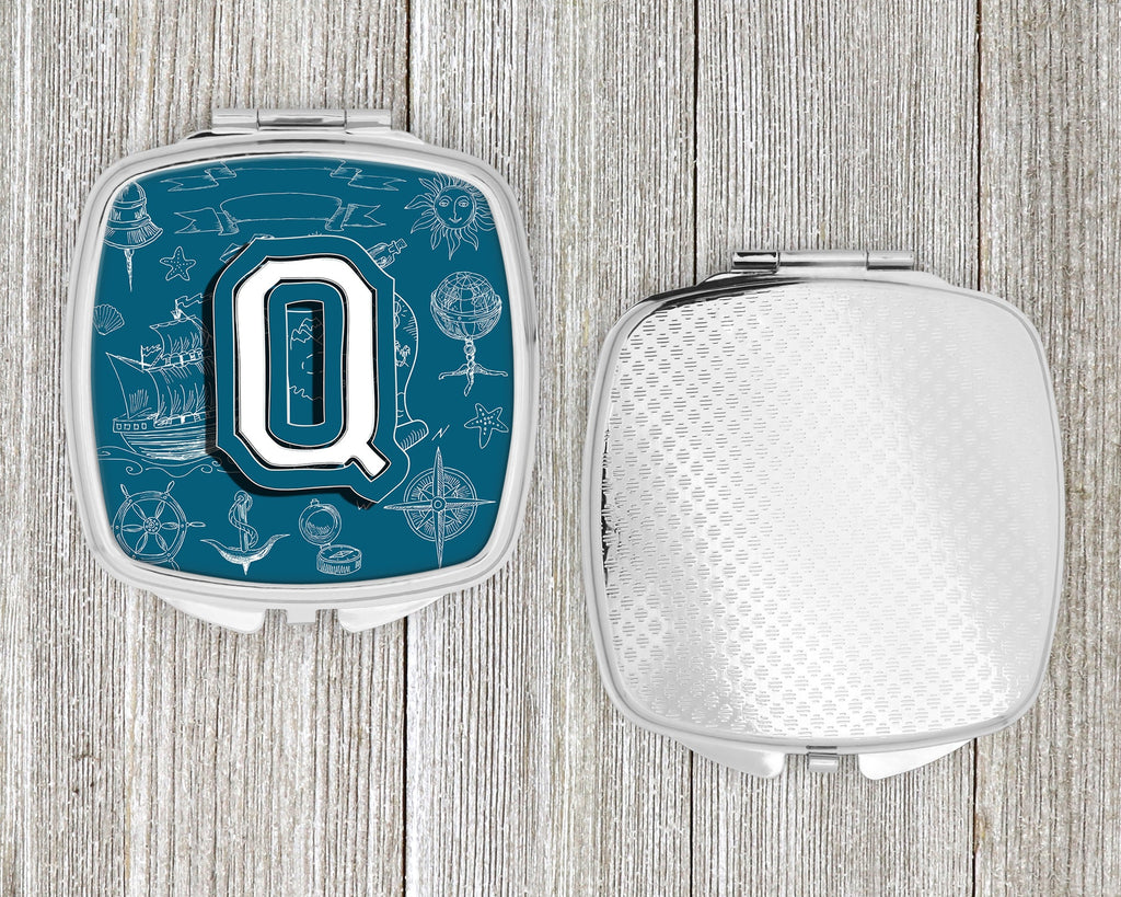 Letter Q Sea Doodles Initial Alphabet Compact Mirror Decorative Travel Makeup Mirror for Women Girls Gifts Pocket Makeup Mirror Folding Handheld