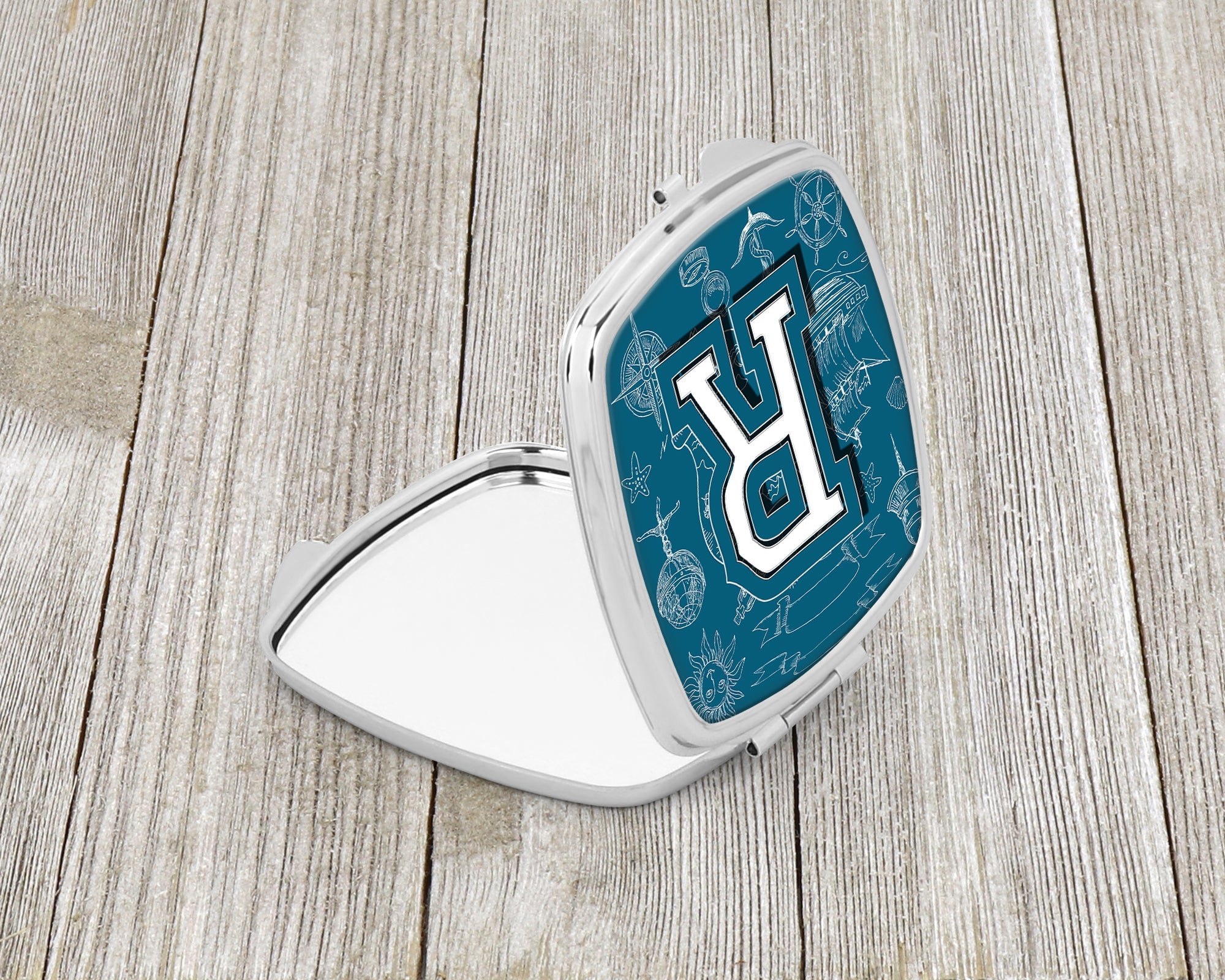 Letter R Sea Doodles Initial Alphabet Compact Mirror Decorative Travel Makeup Mirror for Women Girls Gifts Pocket Makeup Mirror Folding Handheld