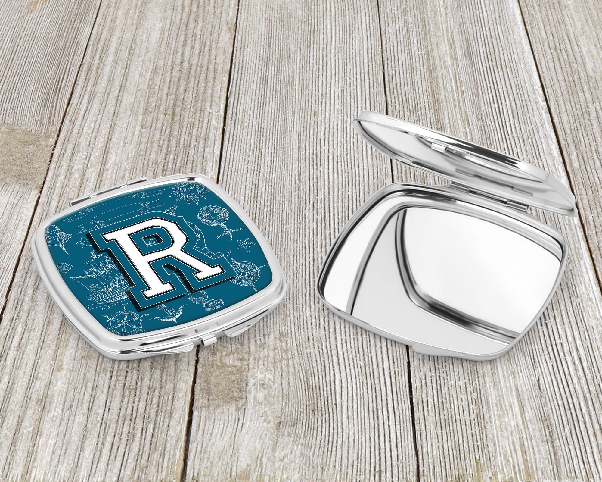 Letter R Sea Doodles Initial Alphabet Compact Mirror Decorative Travel Makeup Mirror for Women Girls Gifts Pocket Makeup Mirror Folding Handheld