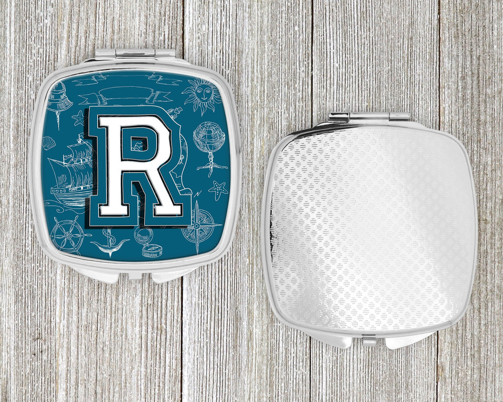 Letter R Sea Doodles Initial Alphabet Compact Mirror Decorative Travel Makeup Mirror for Women Girls Gifts Pocket Makeup Mirror Folding Handheld