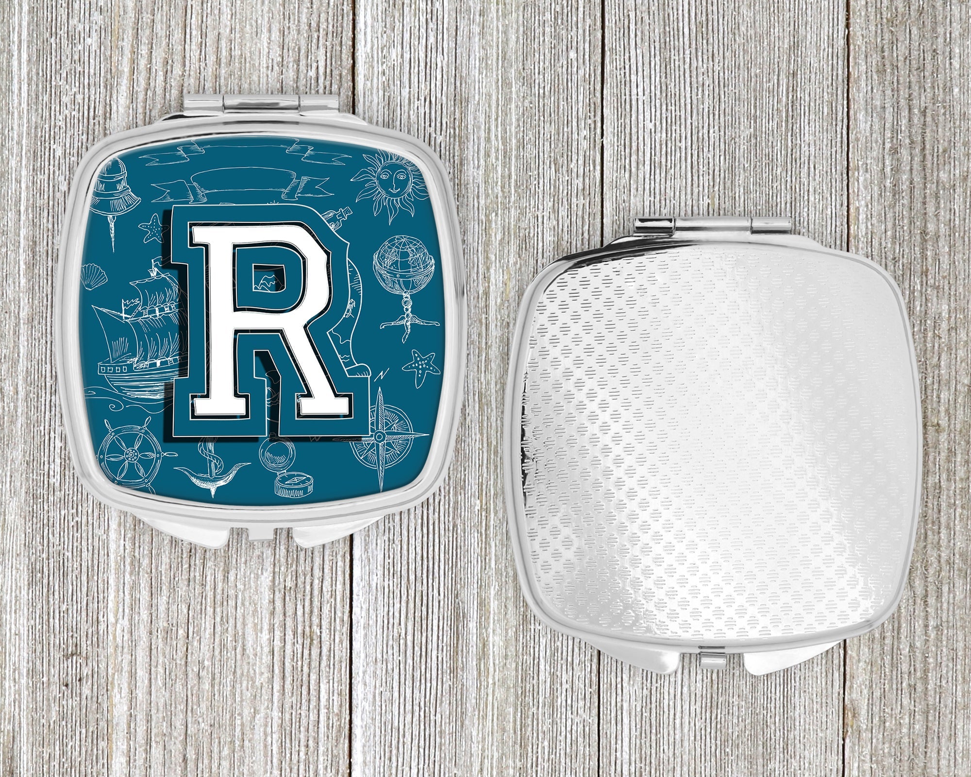 Letter R Sea Doodles Initial Alphabet Compact Mirror Decorative Travel Makeup Mirror for Women Girls Gifts Pocket Makeup Mirror Folding Handheld