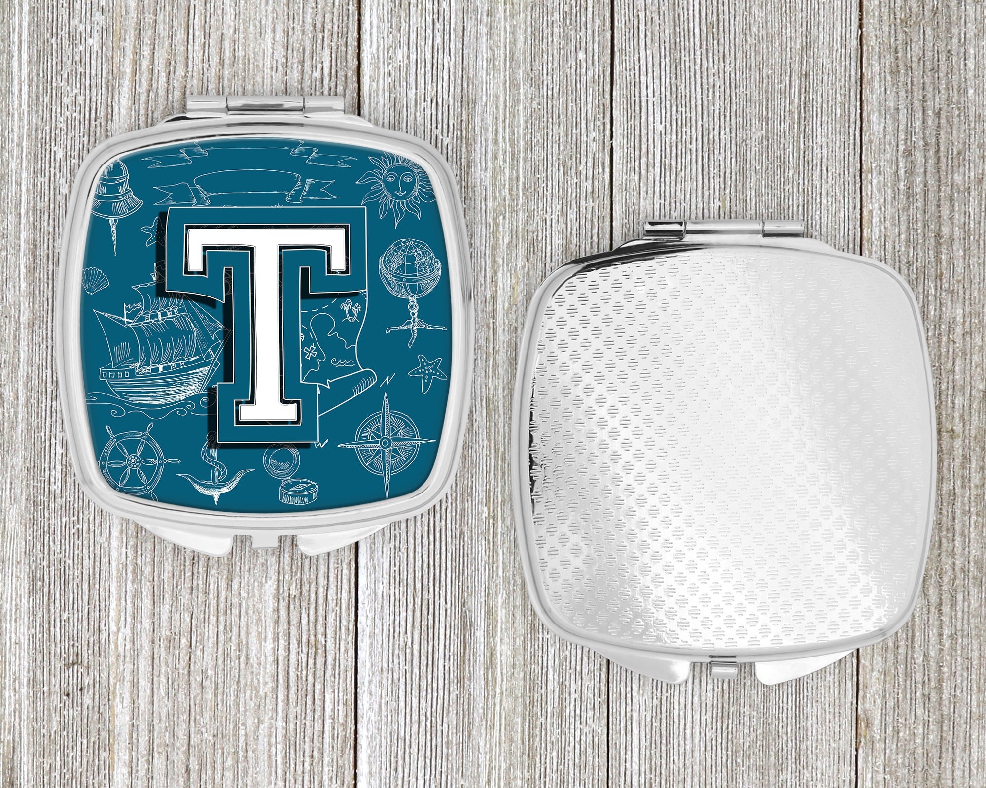 Letter T Sea Doodles Initial Alphabet Compact Mirror Decorative Travel Makeup Mirror for Women Girls Gifts Pocket Makeup Mirror Folding Handheld