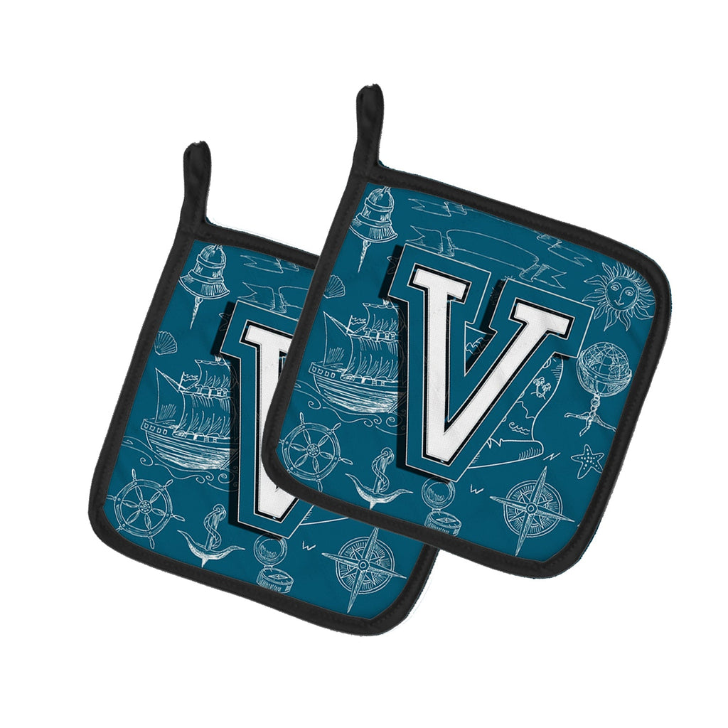 Letter V Sea Doodles Initial Alphabet Pot Holder Set of 2 Heat Resistant Quilted Hot Pads 7.5 x 7.5 Inch, Insulated Kitchen Trivets for Cooking & Baking