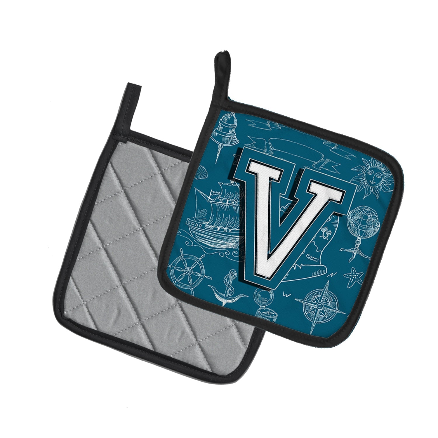 Letter V Sea Doodles Initial Alphabet Pot Holder Set of 2 Heat Resistant Quilted Hot Pads 7.5 x 7.5 Inch, Insulated Kitchen Trivets for Cooking & Baking