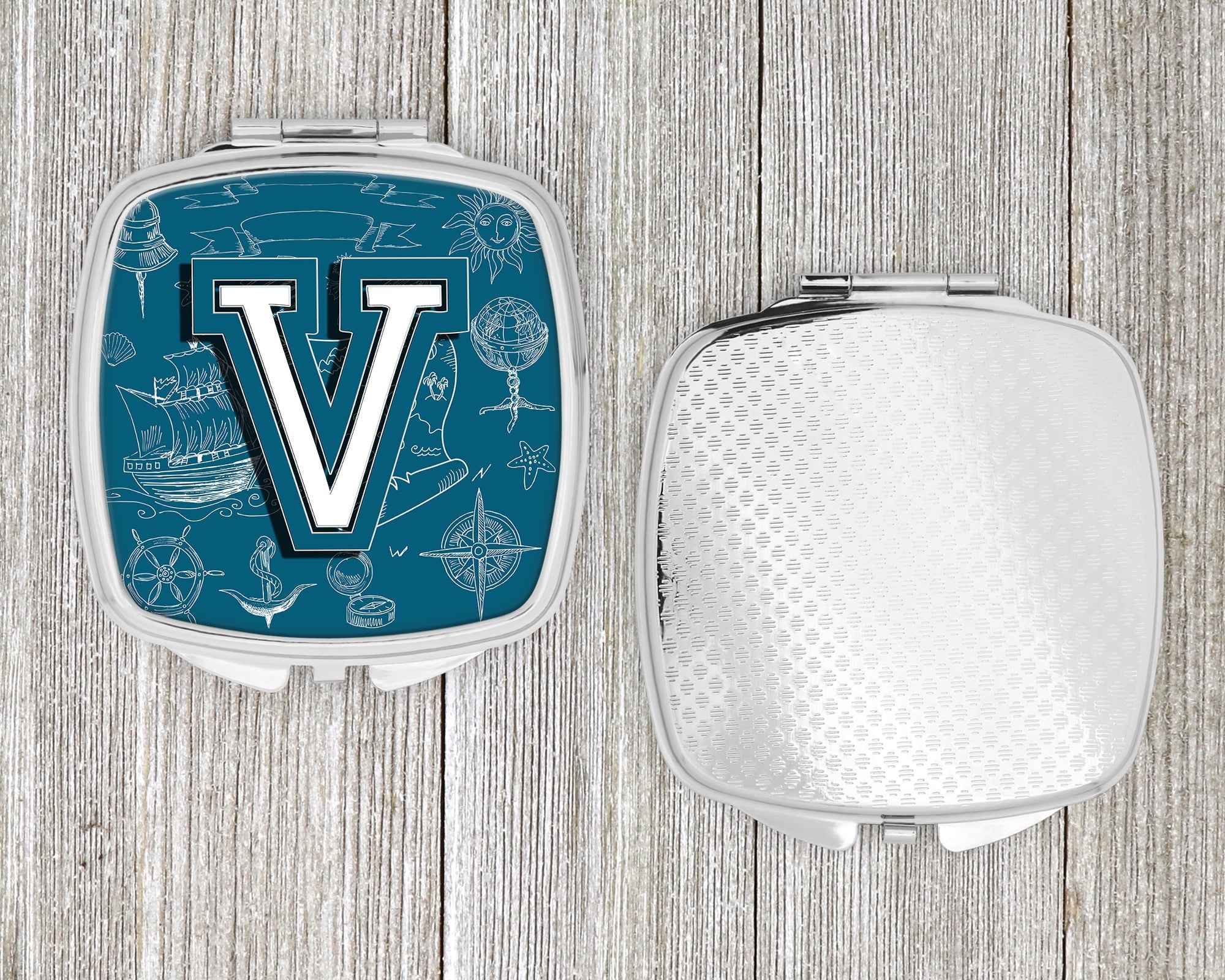 Letter V Sea Doodles Initial Alphabet Compact Mirror Decorative Travel Makeup Mirror for Women Girls Gifts Pocket Makeup Mirror Folding Handheld