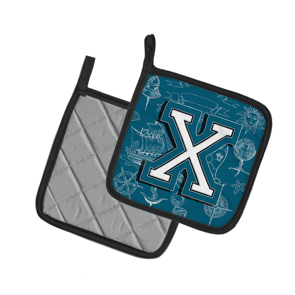 Letter X Sea Doodles Initial Alphabet Pot Holder Set of 2 Heat Resistant Quilted Hot Pads 7.5 x 7.5 Inch, Insulated Kitchen Trivets for Cooking & Baking