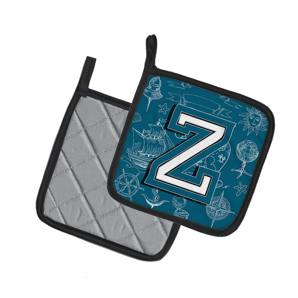 Letter Z Sea Doodles Initial Alphabet Pot Holder Set of 2 Heat Resistant Quilted Hot Pads 7.5 x 7.5 Inch, Insulated Kitchen Trivets for Cooking & Baking