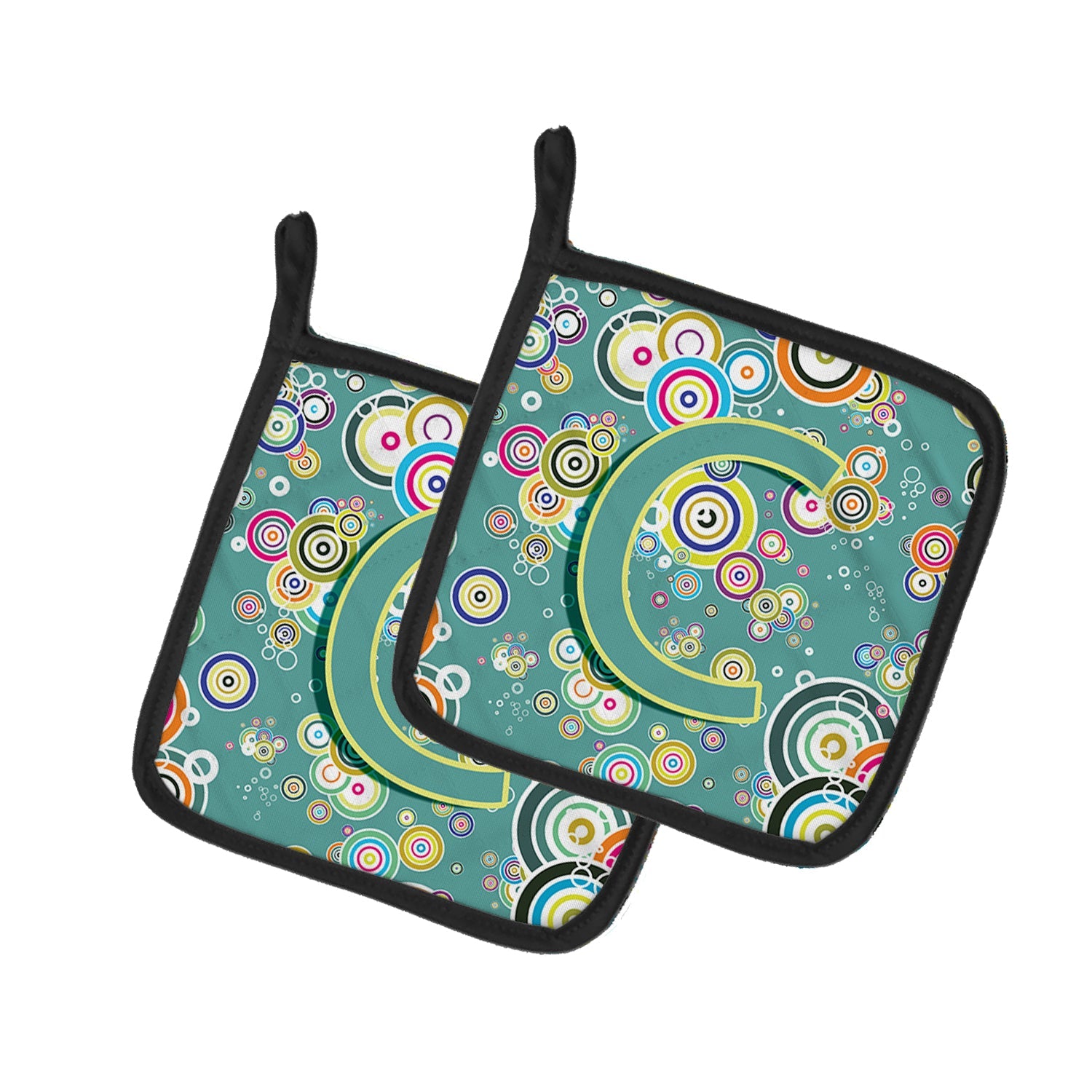 Letter C Circle Circle Teal Initial Alphabet Pot Holder Set of 2 Heat Resistant Quilted Hot Pads 7.5 x 7.5 Inch, Insulated Kitchen Trivets for Cooking & Baking