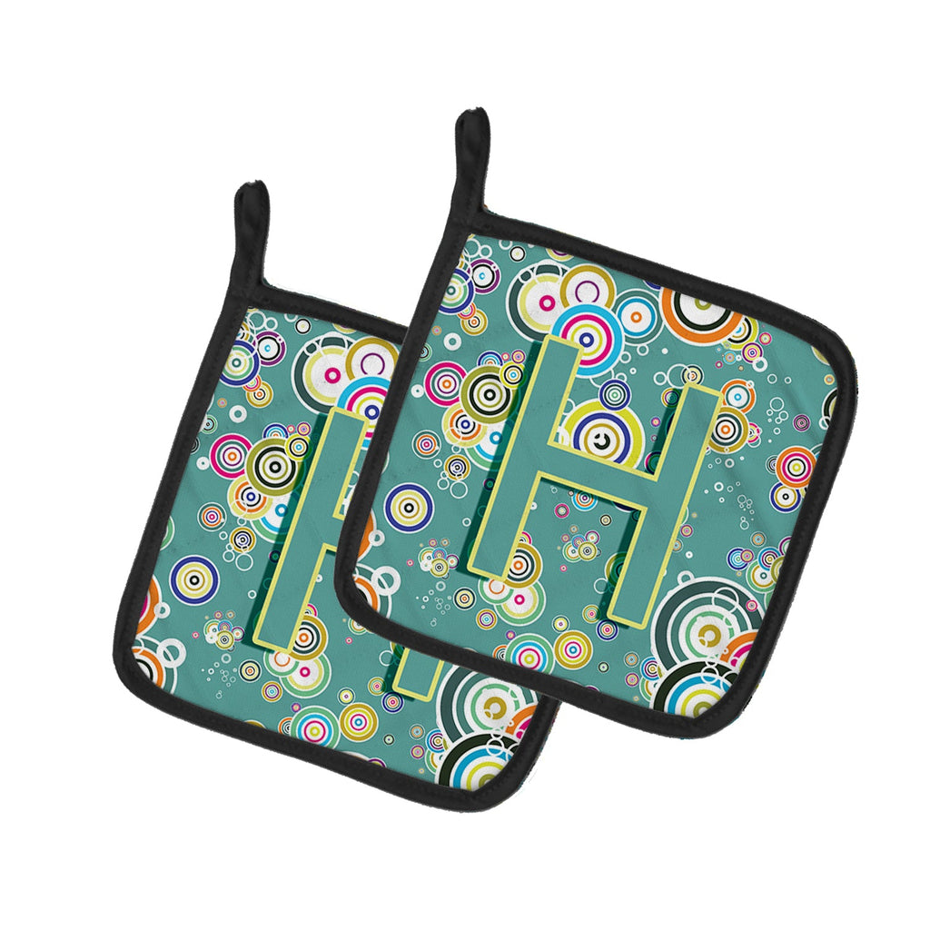 Letter H Circle Circle Teal Initial Alphabet Pot Holder Set of 2 Heat Resistant Quilted Hot Pads 7.5 x 7.5 Inch, Insulated Kitchen Trivets for Cooking & Baking