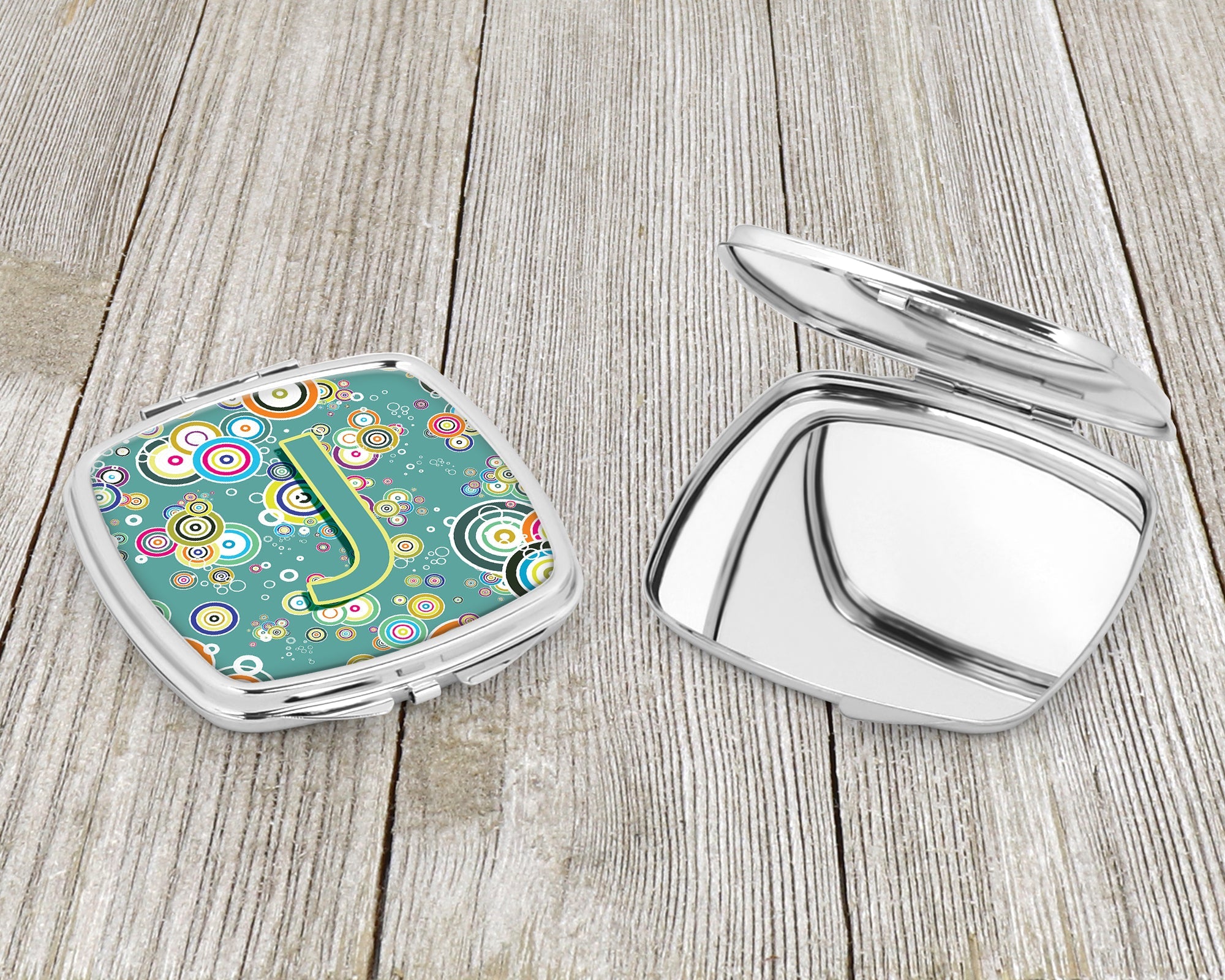 Letter J Circle Circle Teal Initial Alphabet Compact Mirror Decorative Travel Makeup Mirror for Women Girls Gifts Pocket Makeup Mirror Folding Handheld