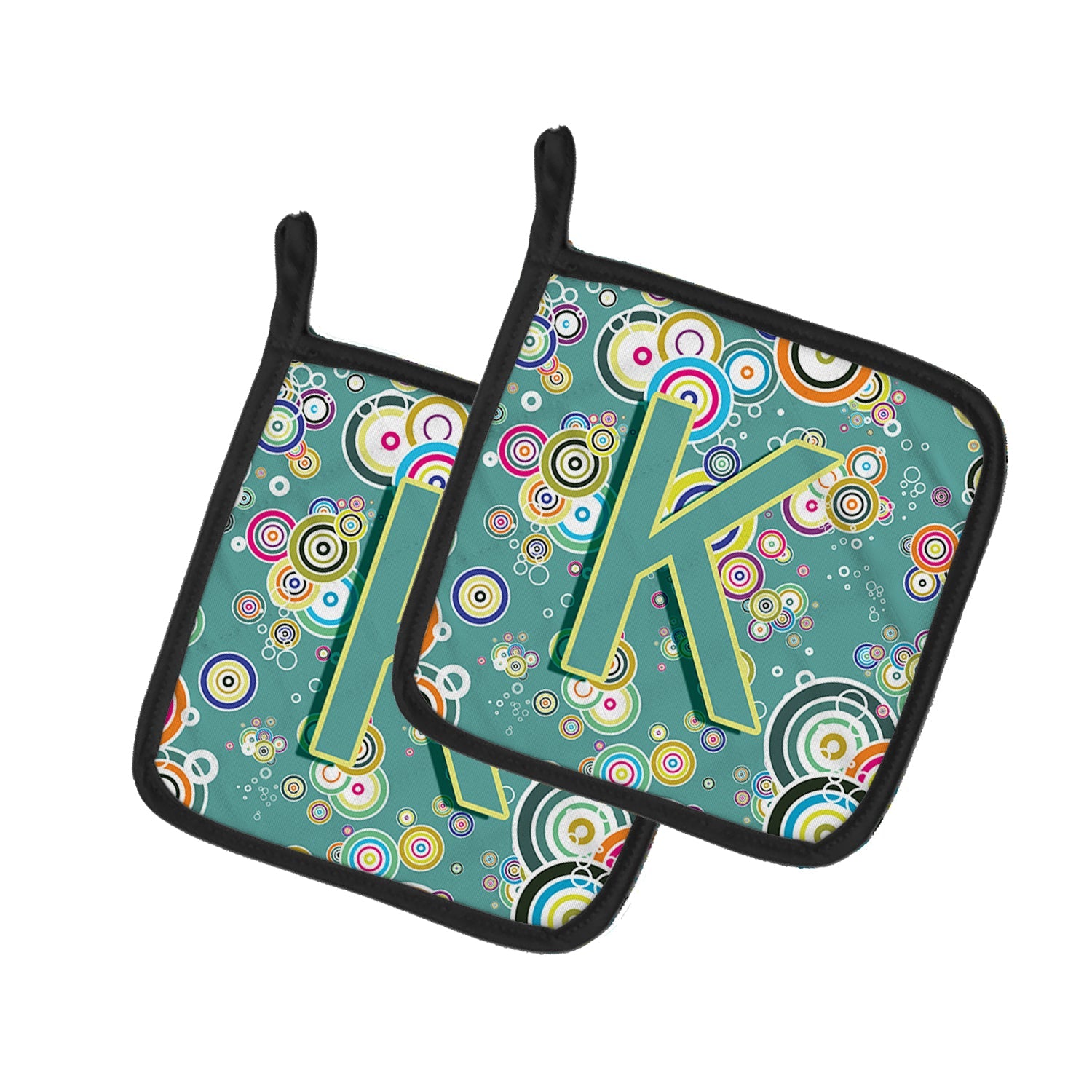 Letter K Circle Circle Teal Initial Alphabet Pot Holder Set of 2 Heat Resistant Quilted Hot Pads 7.5 x 7.5 Inch, Insulated Kitchen Trivets for Cooking & Baking