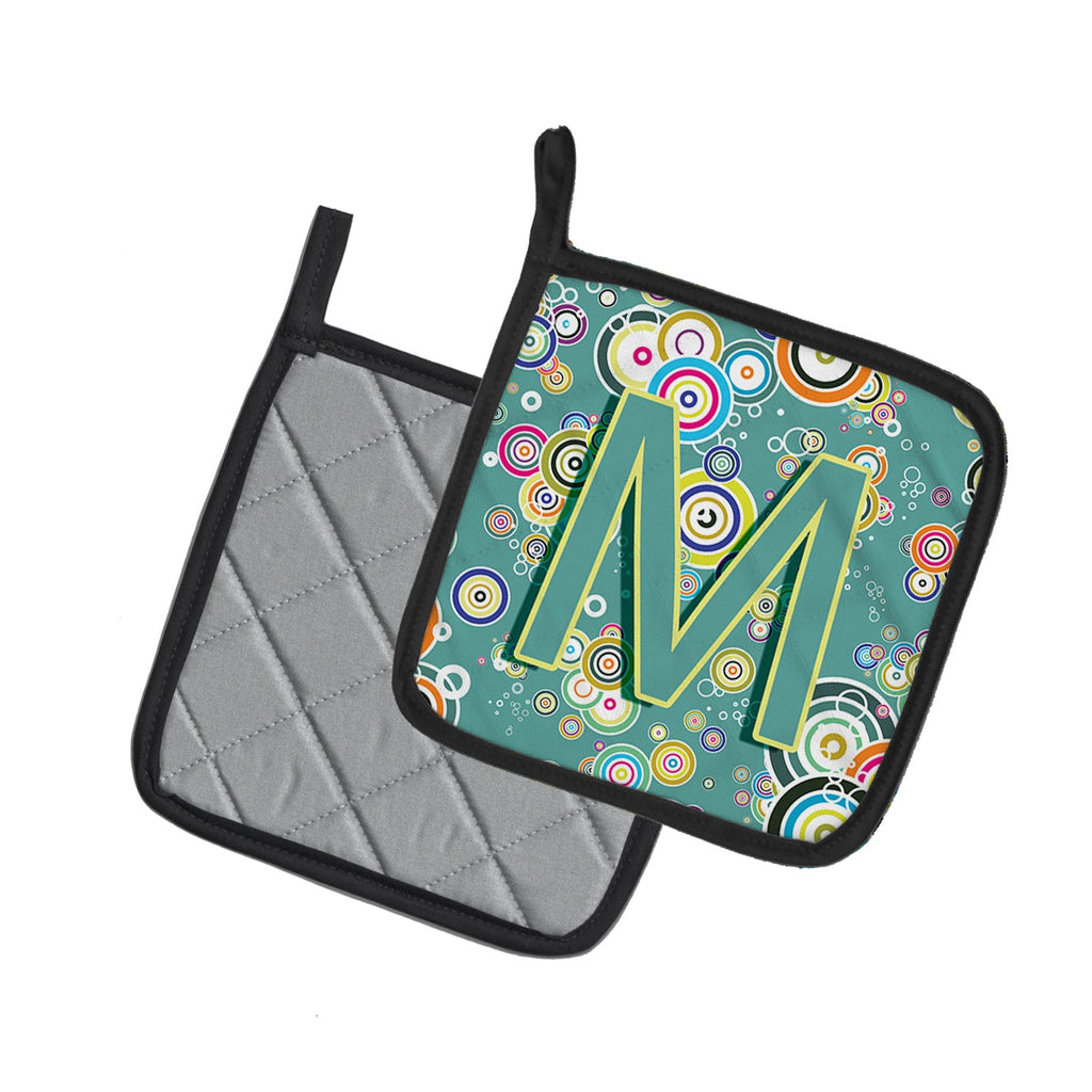 Letter M Circle Circle Teal Initial Alphabet Pot Holder Set of 2 Heat Resistant Quilted Hot Pads 7.5 x 7.5 Inch, Insulated Kitchen Trivets for Cooking & Baking