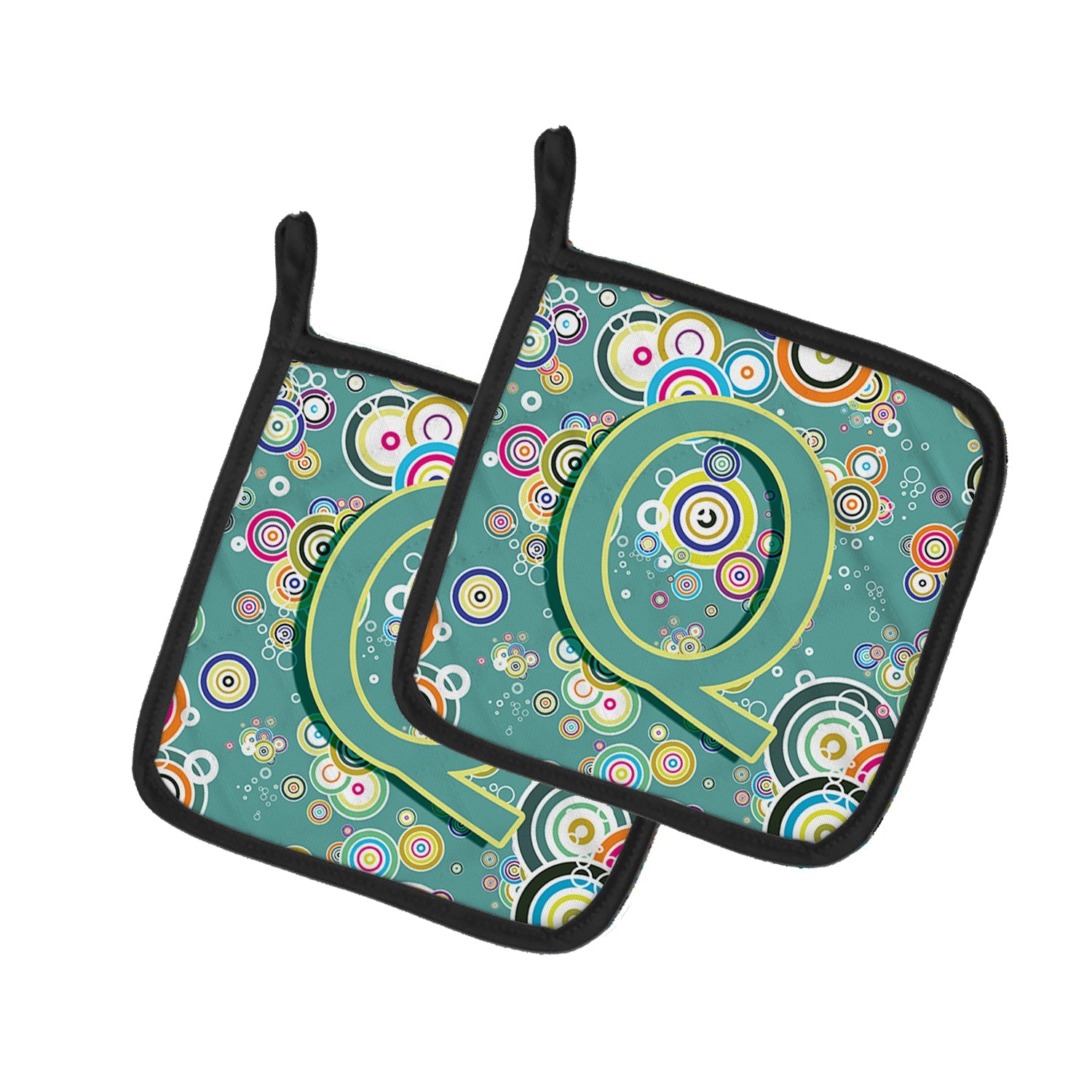 Letter Q Circle Circle Teal Initial Alphabet Pot Holder Set of 2 Heat Resistant Quilted Hot Pads 7.5 x 7.5 Inch, Insulated Kitchen Trivets for Cooking & Baking