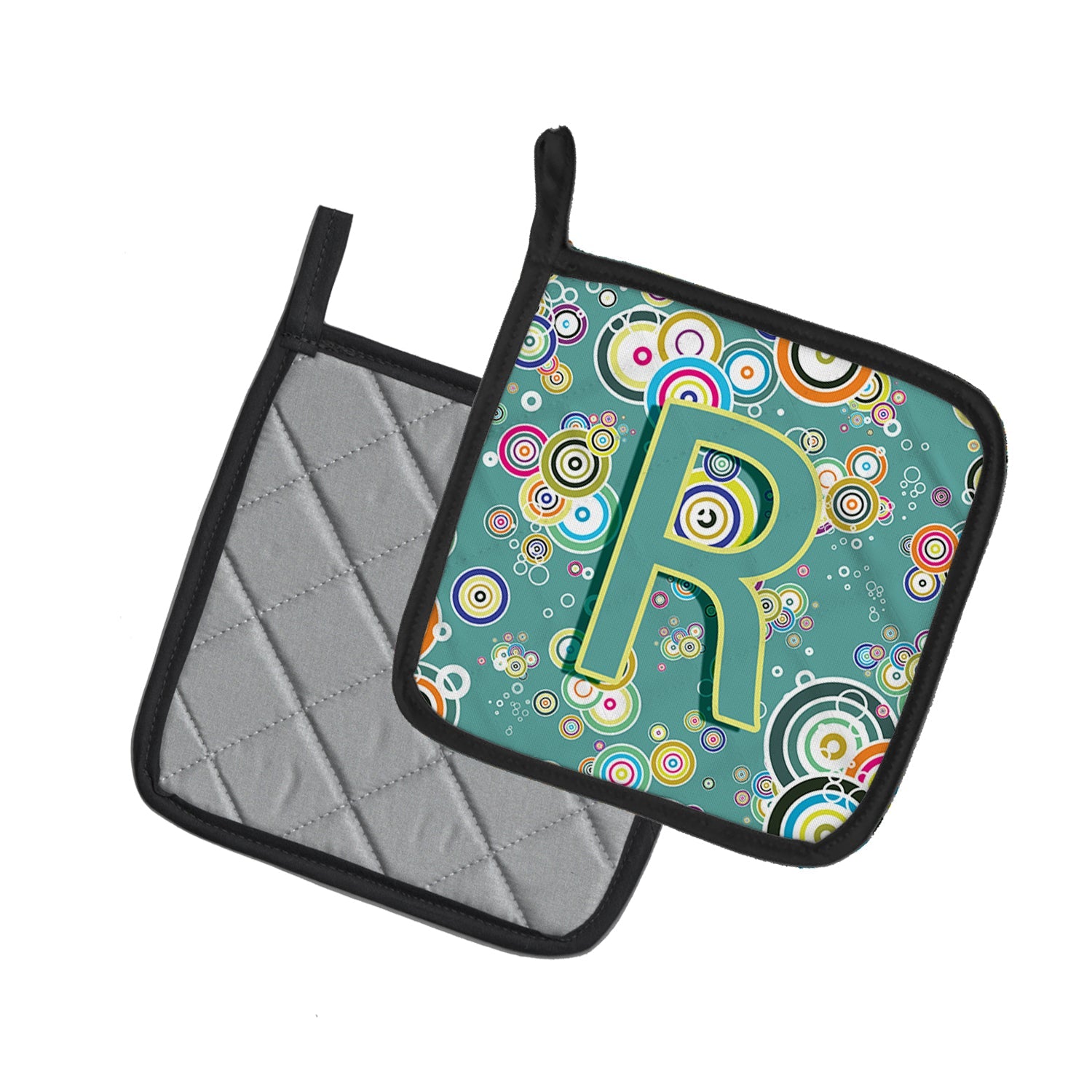 Letter R Circle Circle Teal Initial Alphabet Pot Holder Set of 2 Heat Resistant Quilted Hot Pads 7.5 x 7.5 Inch, Insulated Kitchen Trivets for Cooking & Baking
