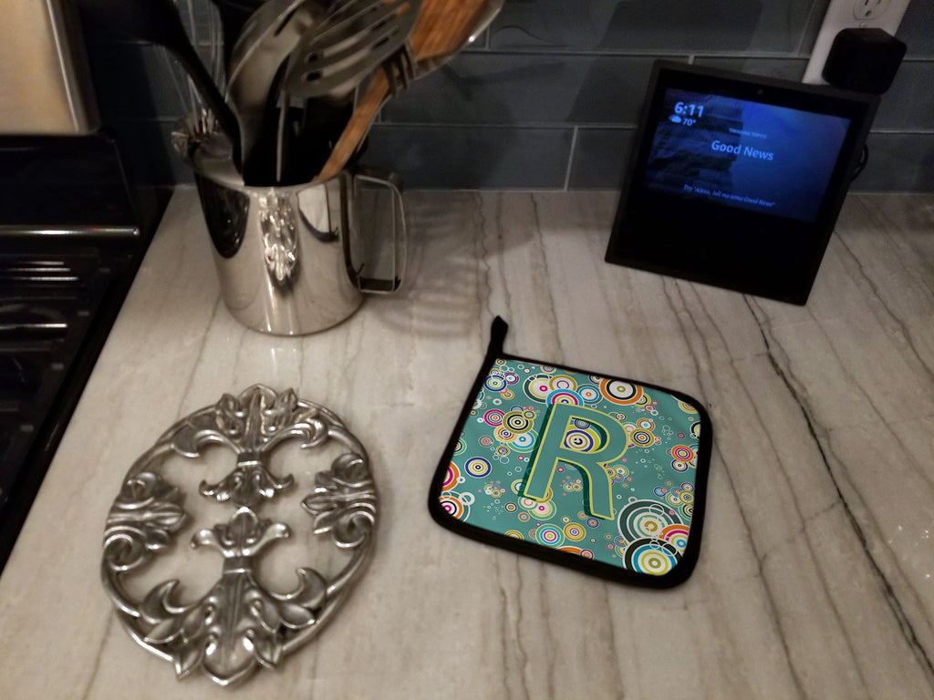 Letter R Circle Circle Teal Initial Alphabet Pot Holder Set of 2 Heat Resistant Quilted Hot Pads 7.5 x 7.5 Inch, Insulated Kitchen Trivets for Cooking & Baking