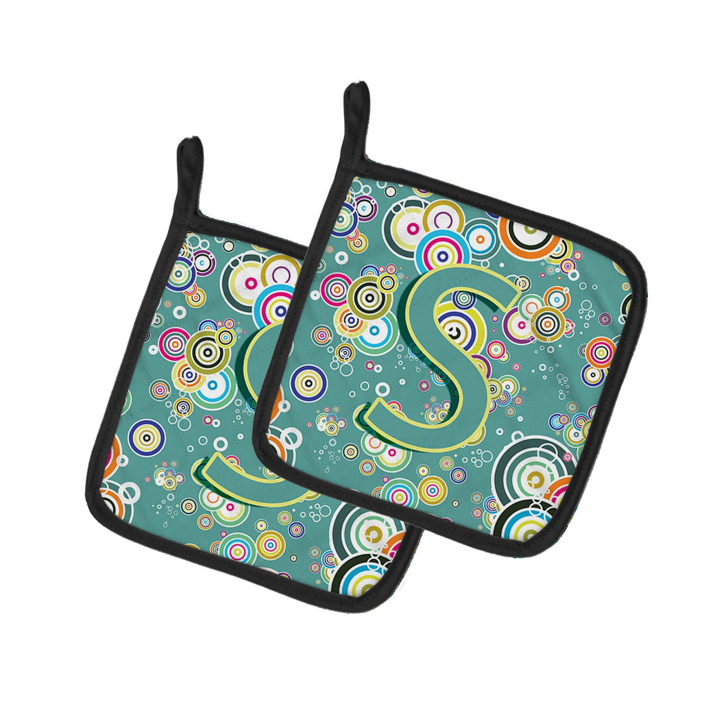 Letter S Circle Circle Teal Initial Alphabet Pot Holder Set of 2 Heat Resistant Quilted Hot Pads 7.5 x 7.5 Inch, Insulated Kitchen Trivets for Cooking & Baking