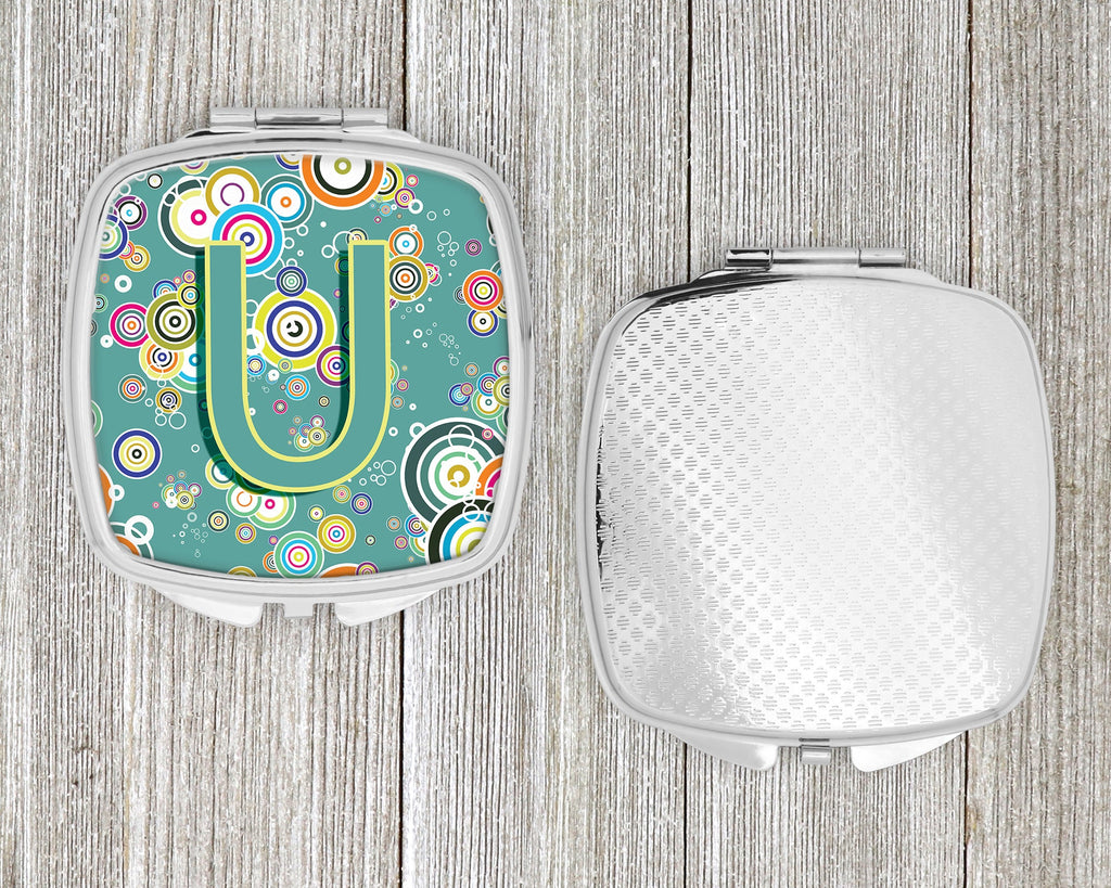 Letter U Circle Circle Teal Initial Alphabet Compact Mirror Decorative Travel Makeup Mirror for Women Girls Gifts Pocket Makeup Mirror Folding Handheld