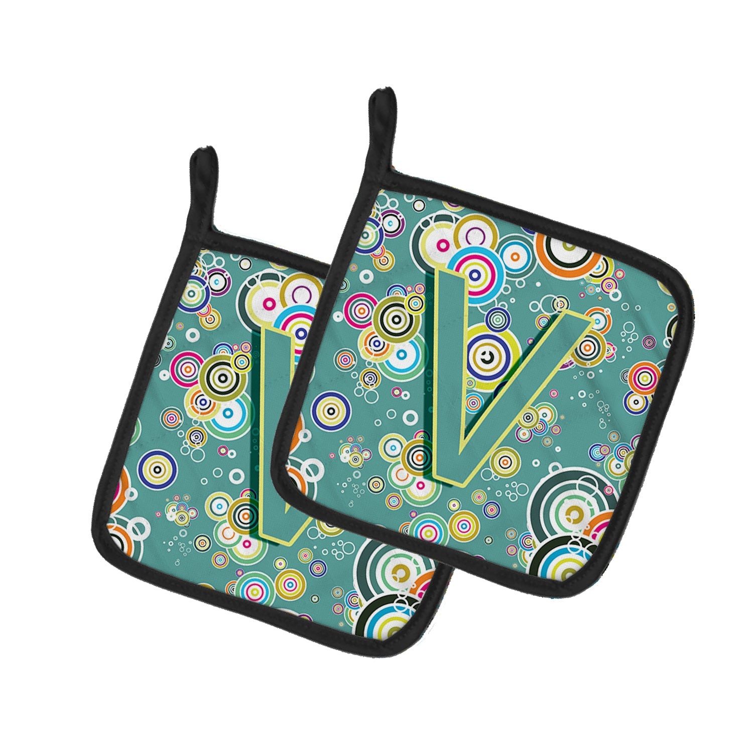 Letter V Circle Circle Teal Initial Alphabet Pot Holder Set of 2 Heat Resistant Quilted Hot Pads 7.5 x 7.5 Inch, Insulated Kitchen Trivets for Cooking & Baking