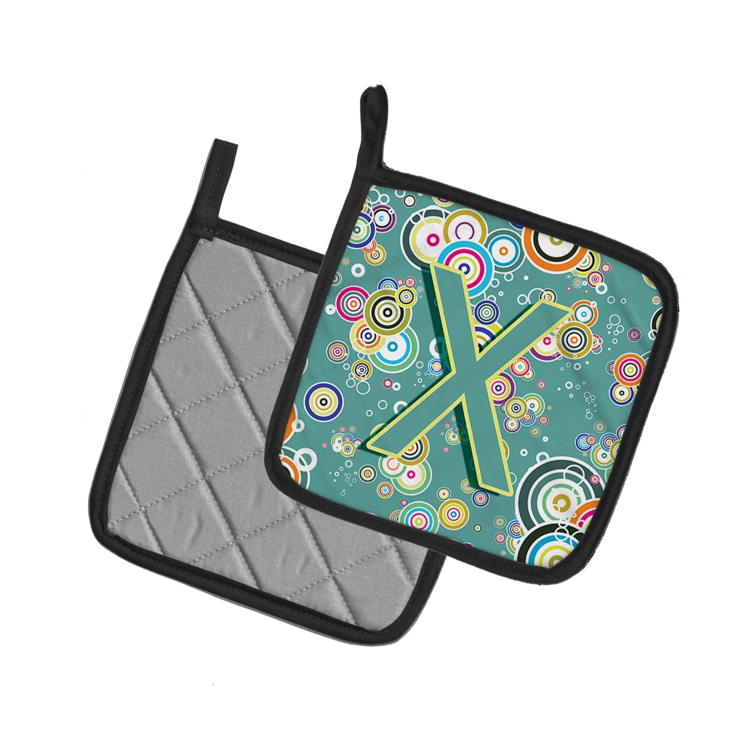 Letter X Circle Circle Teal Initial Alphabet Pot Holder Set of 2 Heat Resistant Quilted Hot Pads 7.5 x 7.5 Inch, Insulated Kitchen Trivets for Cooking & Baking