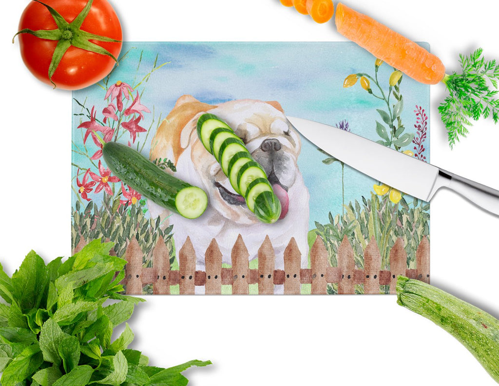 English Bulldog Spring Cutting Board Tempered Glass Kitchen Cutting Surface, Heat Resistant Chopping, Non-Slip Feet, Food Prep & Serving